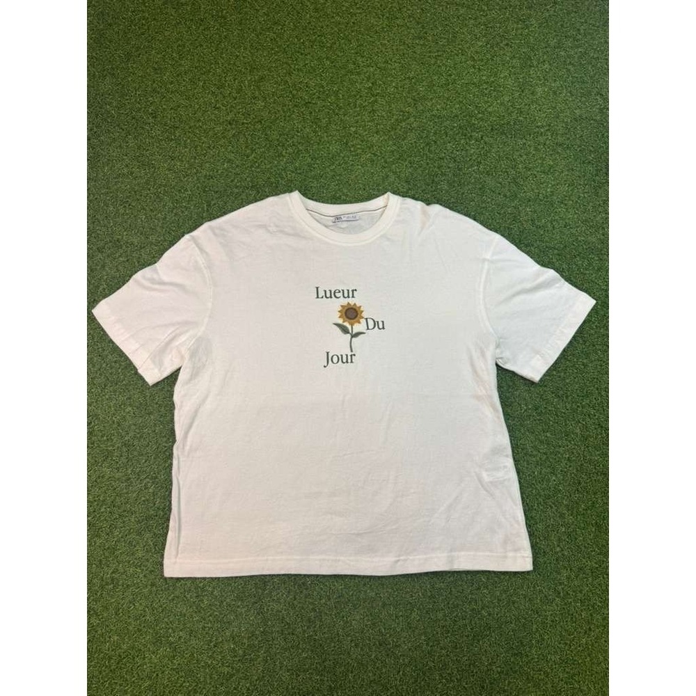 Zara Light Of The Day T-Shirt Men Large White Floral Contrast Embroidered Casual